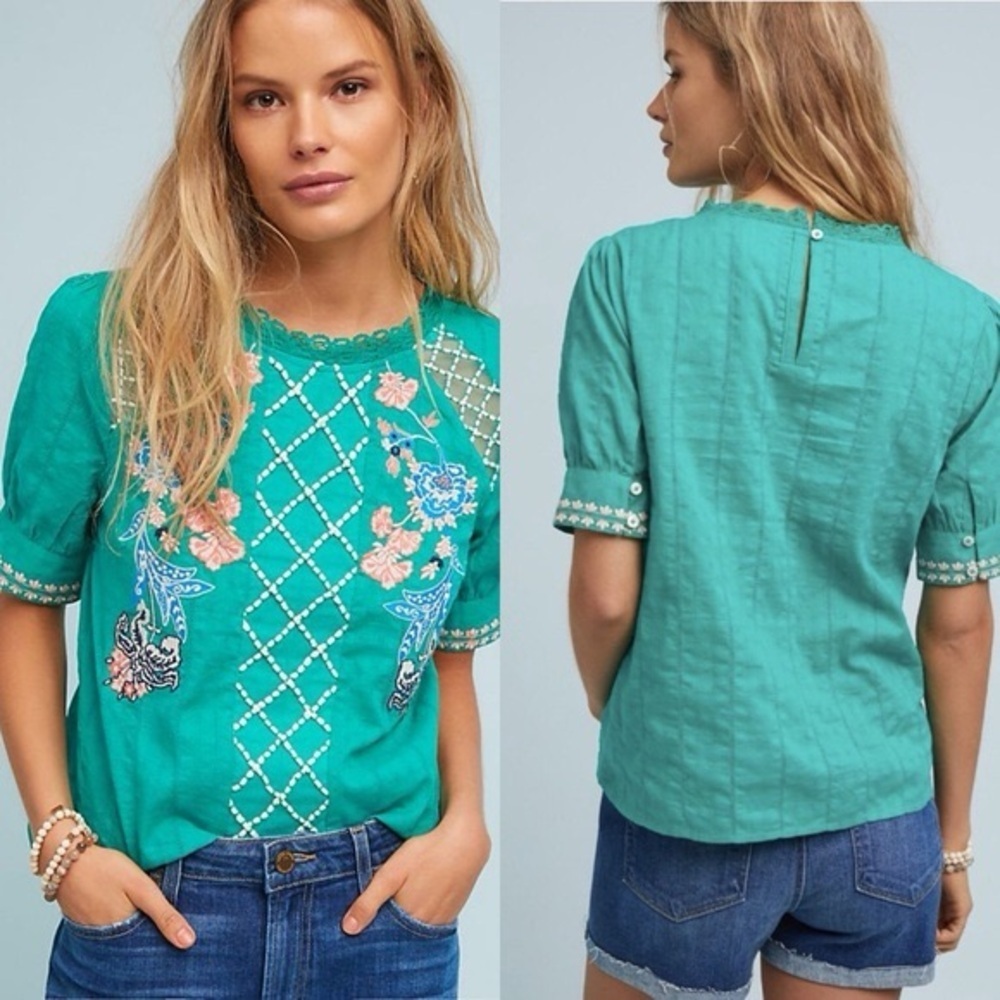 Anthropologie Teal Embroidered Short-Sleeve Blouse
